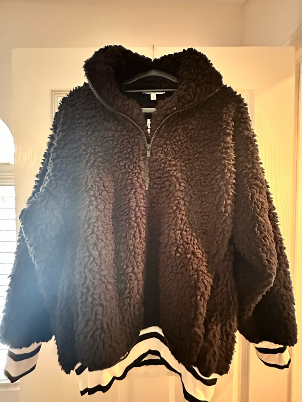 Express Black Sherpa Half-Zip Pullover with Striped Hem
